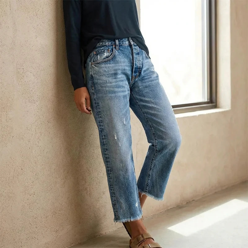 Ella | Retro Cropped Straight Jeans med Høj Talje